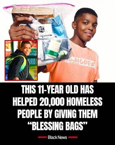 Black News feature: 'This 11-year old has helped 20,000 homeless people by giving them blessing bags' — photo of the founder holding a blessing bag